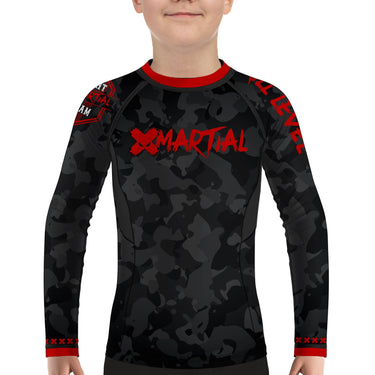 Kids BJJ Rash Guard Black Camo Fight Team X-Tech 25 Series XMARTIAL