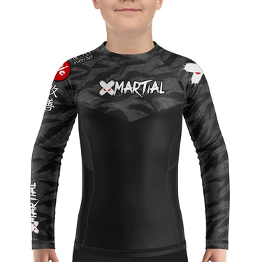 Kids BJJ Rash Guard Black Tiger Camo X-Tech 25 Series XMARTIAL