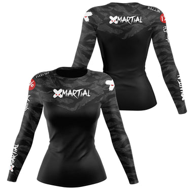 Women's BJJ Rash Guard Black Tiger Camo X-Tech 25 Series XMARTIAL